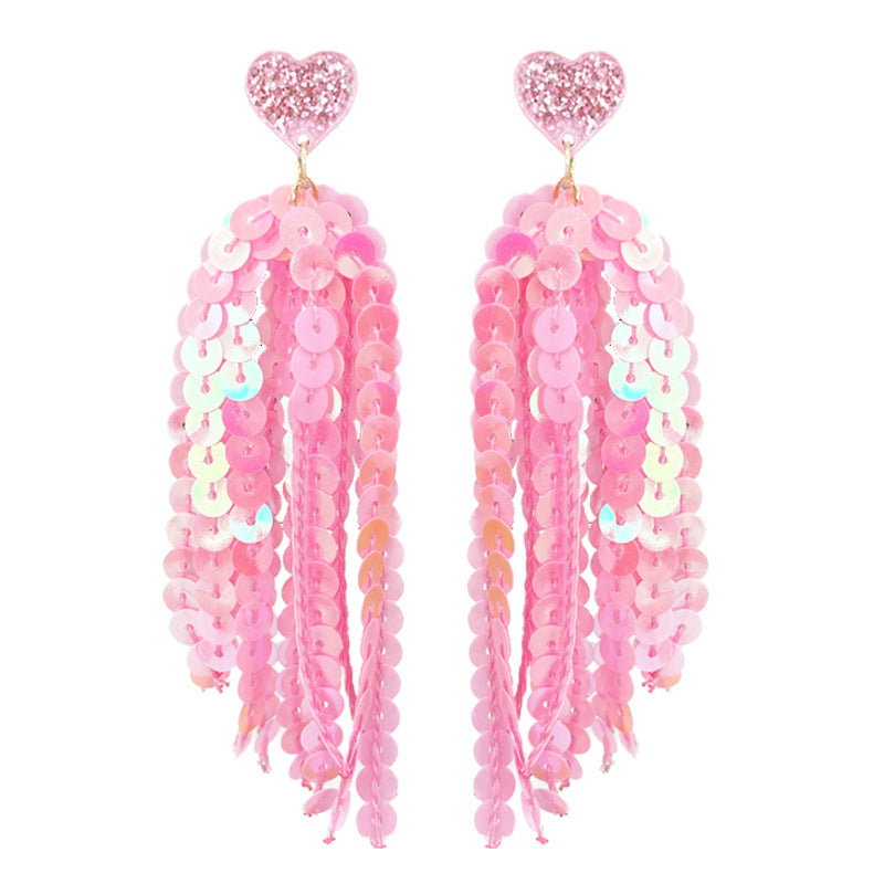Wholesale 2pcs Valentine's Day Glitter Pink Atmosphere Love Shiny Tassel Temperament Color Matching Fashion Earrings
